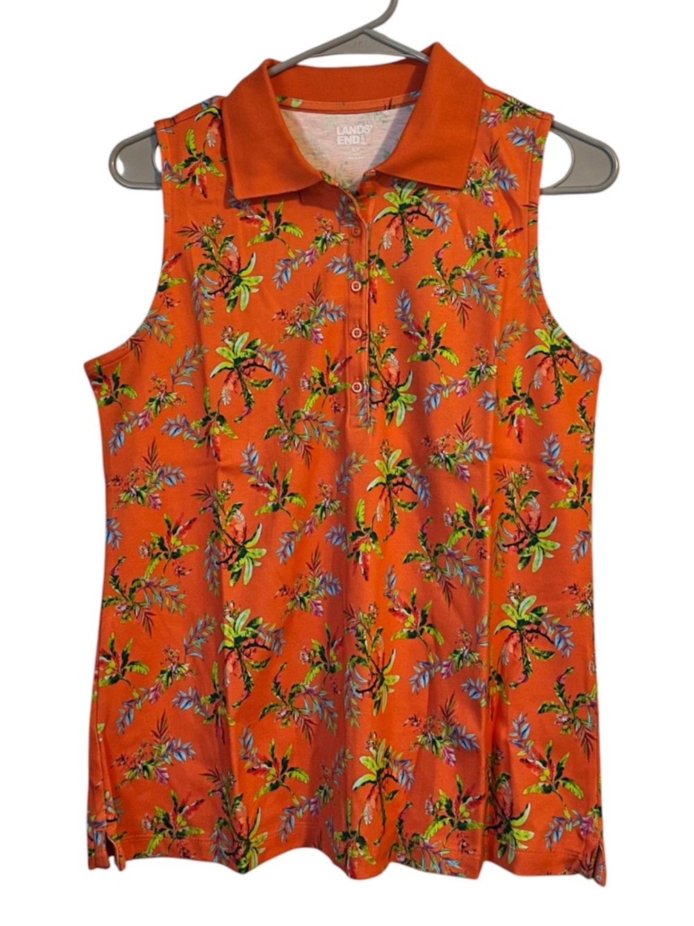 Lands’ End Women Orange Multi Floral Print Collared Short Sleeve Sporty Shirt S